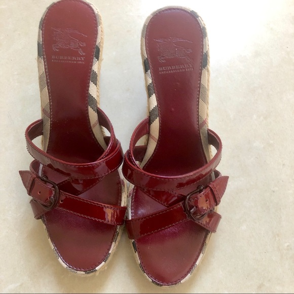 Burberry Shoes - Burberry red patent leather wedges sandals. Size 7
